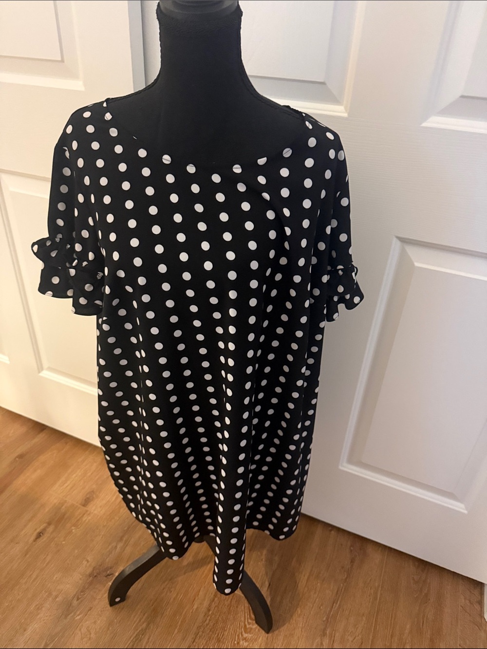 Lane Bryant Black and White Polka Dot Top with Ruffle Sleeves Feminine Office
